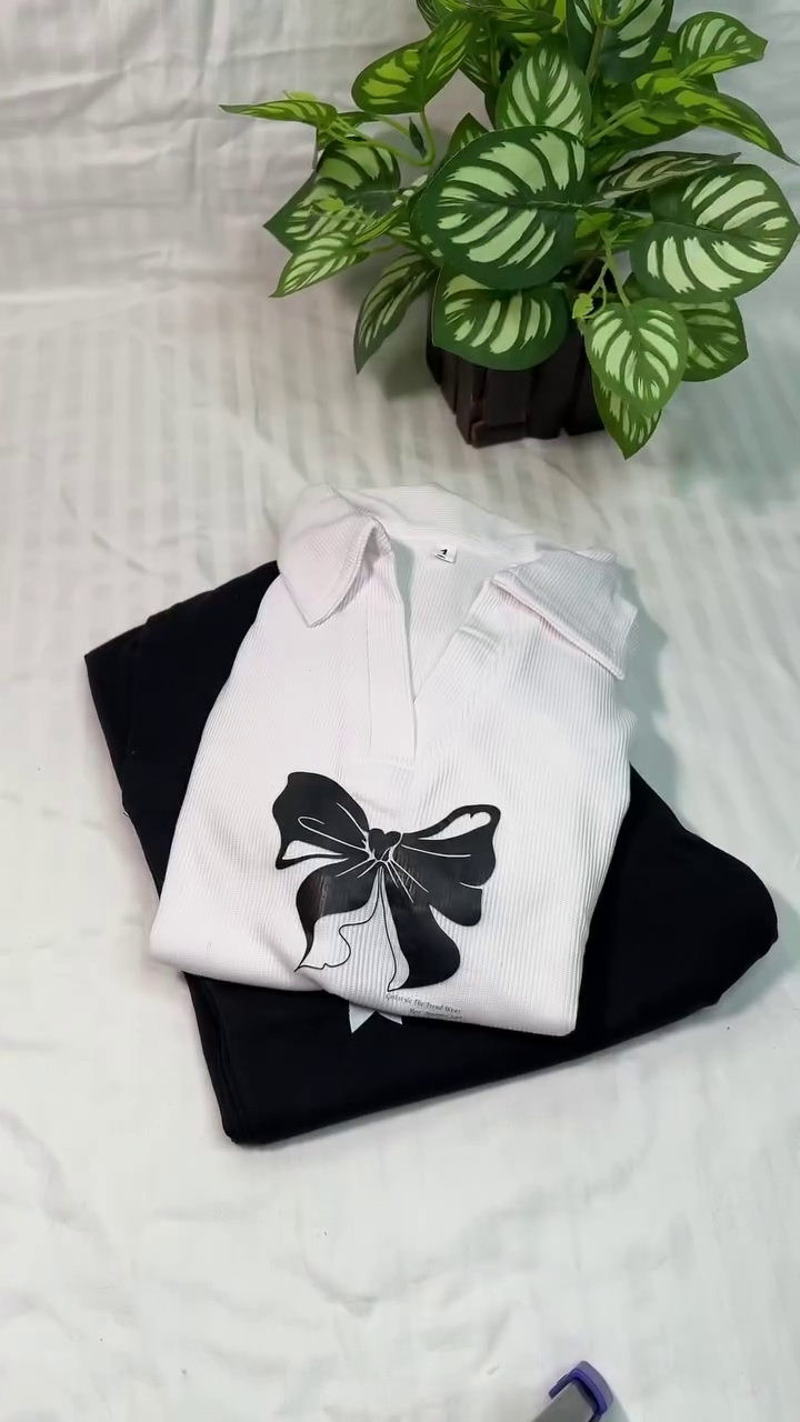 🤍 Elegant Ribbed Collar Bow Print Co-Ord Set for Women | Premium Polo Neck Top with Comfortable Straight Fit Pants | Casual, Office & Everyday Fashion Outfit 🎀✨