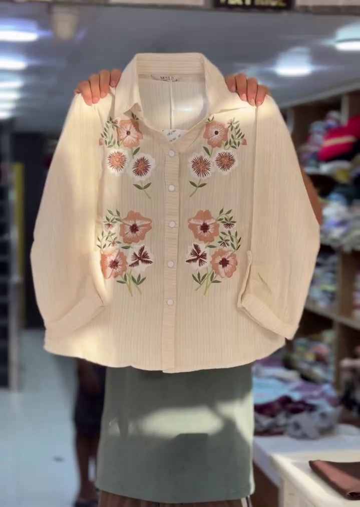 Premium Floral Embroidered Cotton Blend Full Sleeve Button-Down Shirt for Women | Elegant Casual Office Wear Floral Embroidery Top