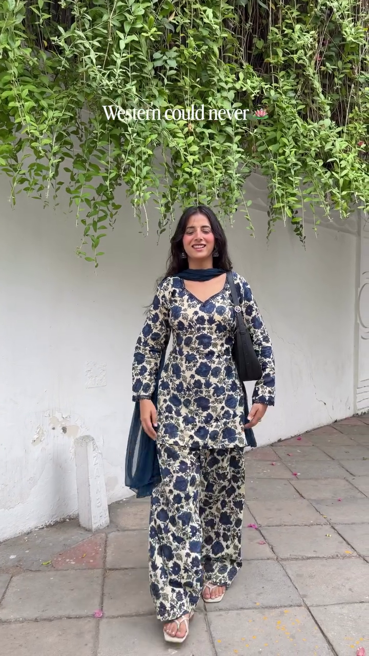 🌸 Elegant Floral Printed Kurta with Matching Palazzo Pants & Soft Dupatta Set | Premium Ethnic Co-Ord Suit for Festive, Casual & Party Wear