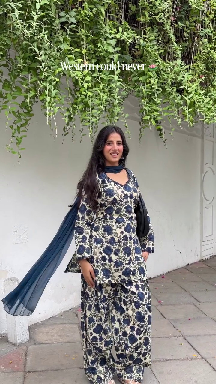 🌸 Elegant Floral Printed Kurta with Matching Palazzo Pants & Soft Dupatta Set | Premium Ethnic Co-Ord Suit for Festive, Casual & Party Wear