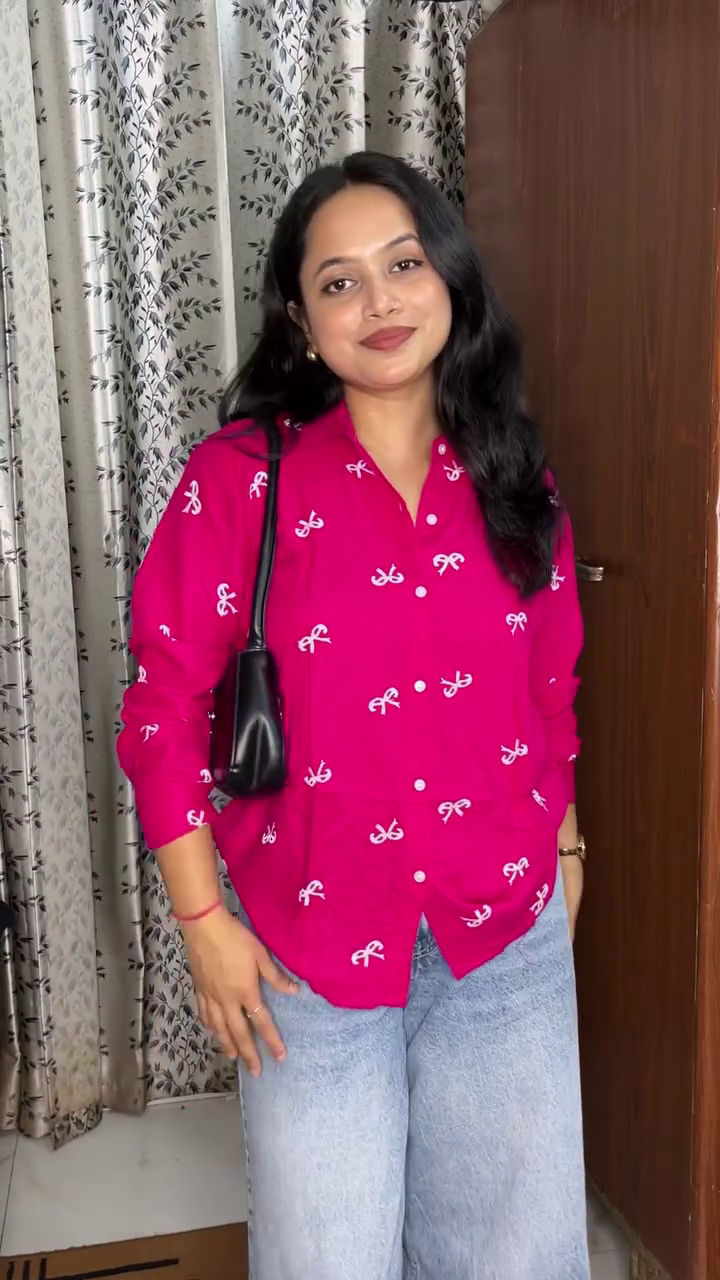 💖 Premium Women's Fuchsia Bow Print Full Sleeve Button-Down Casual Shirt | Elegant Korean Style Office, College & Everyday Fashion Top