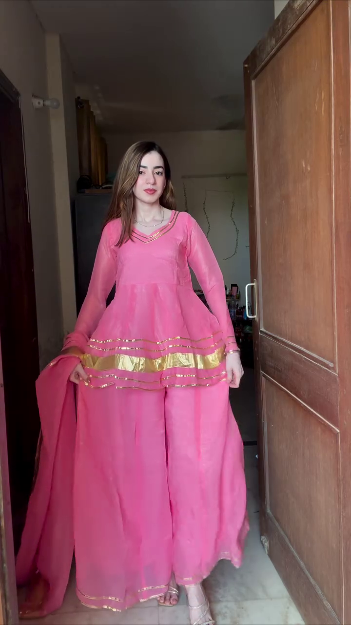 💖 Premium Pink Anarkali Peplum Style Kurta with Sharara Palazzo & Matching Dupatta | Elegant Ethnic Party Wear Festive Traditional Outfit for Women