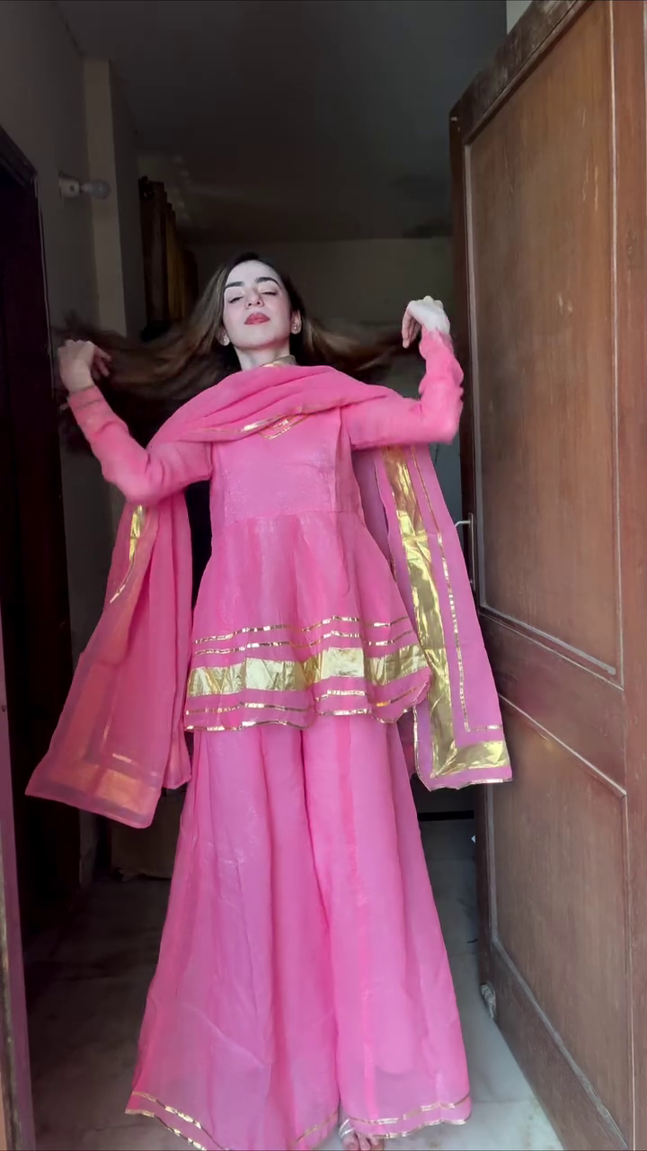 💖 Premium Pink Anarkali Peplum Style Kurta with Sharara Palazzo & Matching Dupatta | Elegant Ethnic Party Wear Festive Traditional Outfit for Women