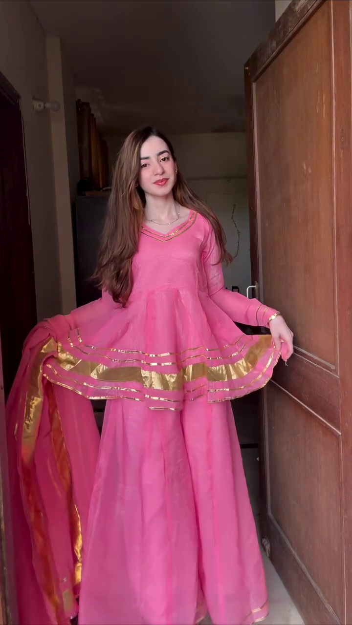 💖 Premium Pink Anarkali Peplum Style Kurta with Sharara Palazzo & Matching Dupatta | Elegant Ethnic Party Wear Festive Traditional Outfit for Women
