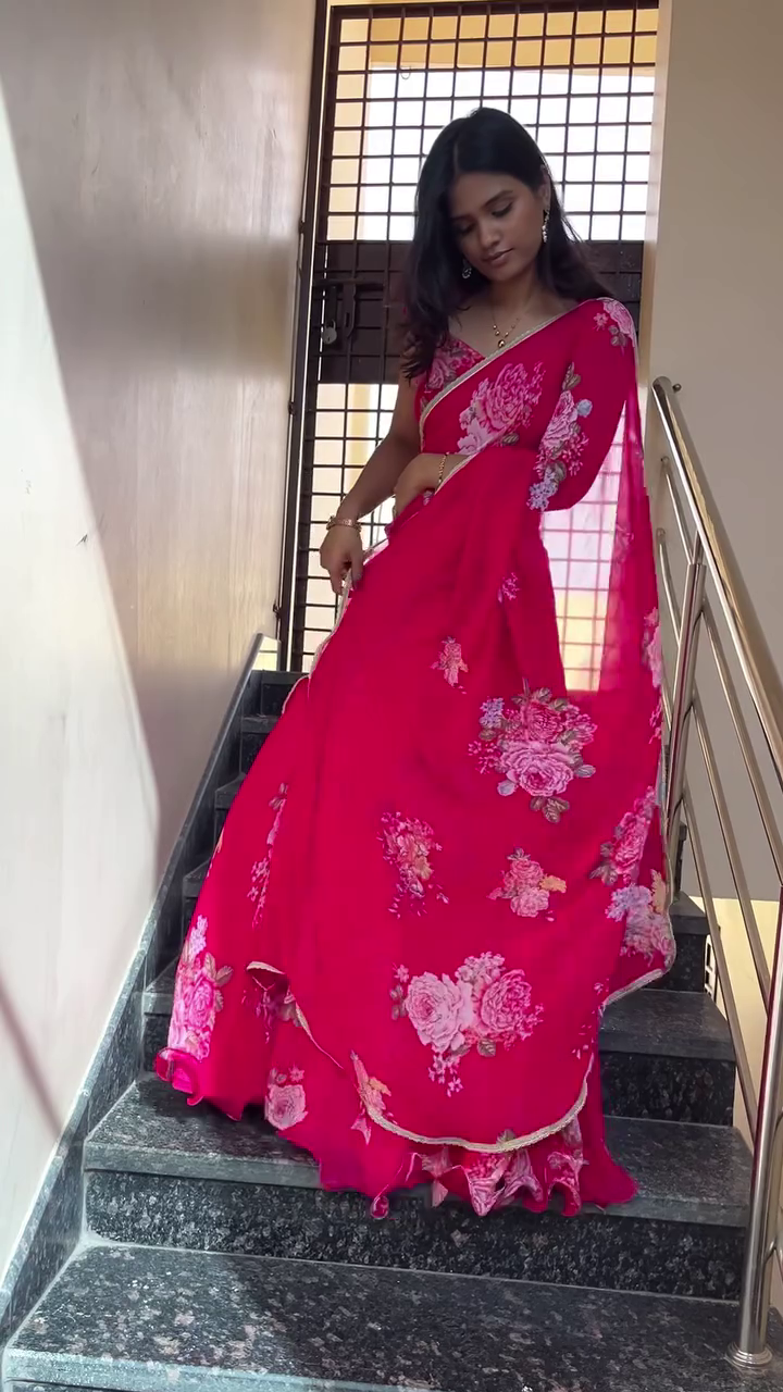 🌼 Premium Yellow Floral Printed Georgette Saree with Matching Blouse Piece | Elegant Lightweight Party Wear Wedding & Festive Traditional Saree for Women