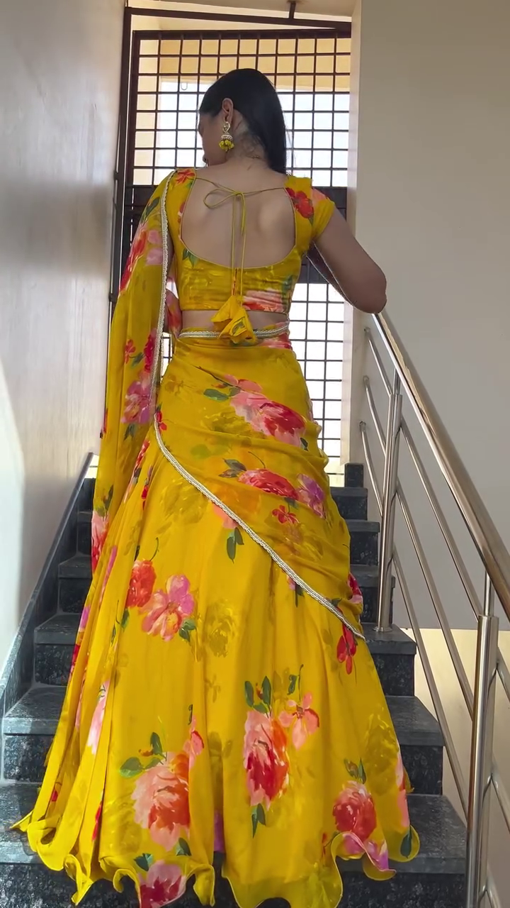 🌼 Premium Yellow Floral Printed Georgette Saree with Matching Blouse Piece | Elegant Lightweight Party Wear Wedding & Festive Traditional Saree for Women