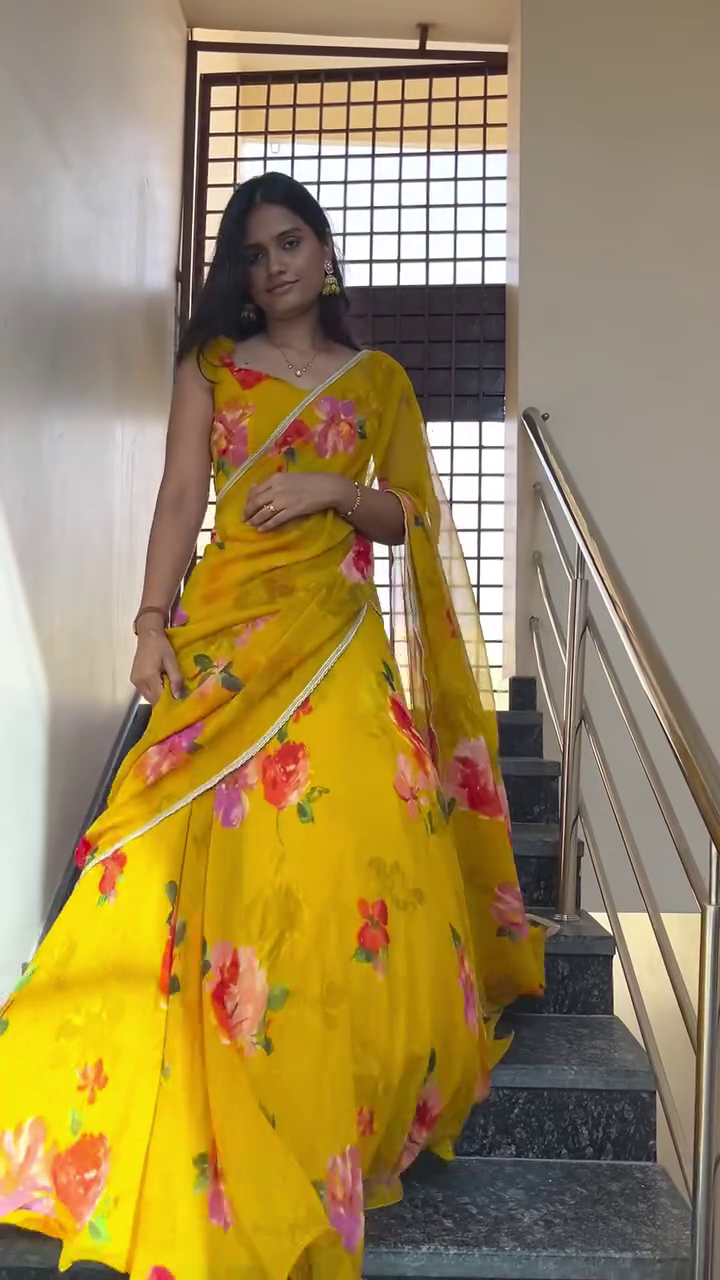 🌼 Premium Yellow Floral Printed Georgette Saree with Matching Blouse Piece | Elegant Lightweight Party Wear Wedding & Festive Traditional Saree for Women