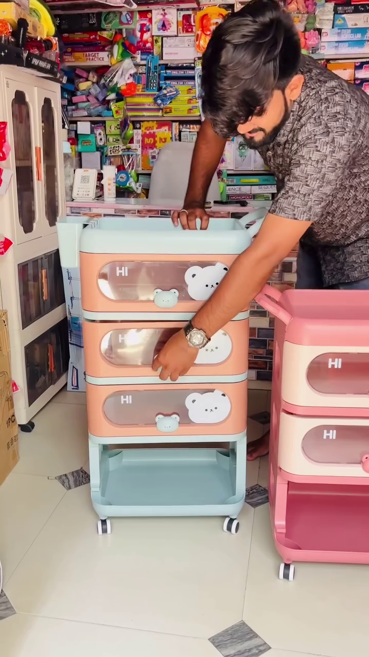 🧸💖 Premium Cute Bear Print Multi-Layer Rolling Storage Drawer Organizer with Wheels | Spacious Kids Toy, Clothes & Home Utility Storage Cabinet 🏠✨
