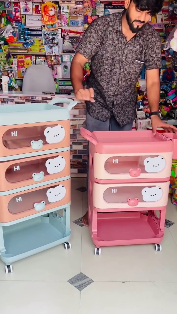 🧸💖 Premium Cute Bear Print Multi-Layer Rolling Storage Drawer Organizer with Wheels | Spacious Kids Toy, Clothes & Home Utility Storage Cabinet 🏠✨