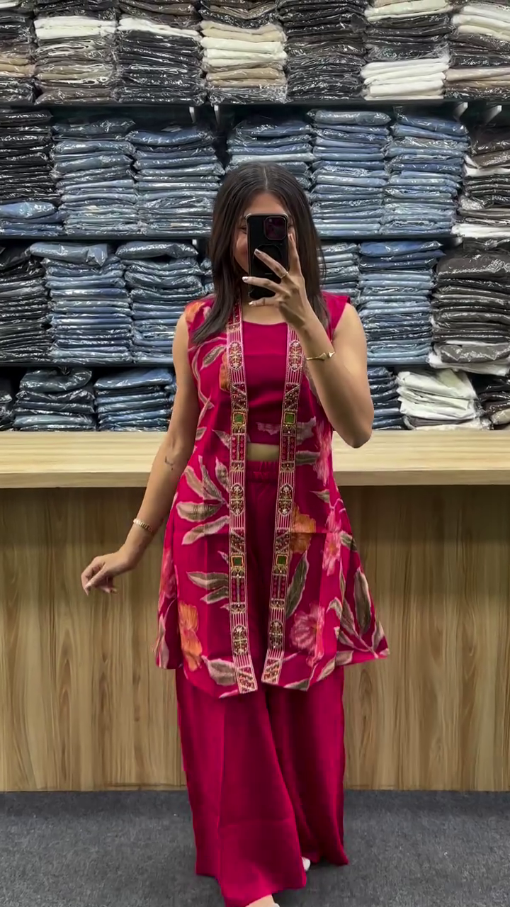 Top With Embroidered Border Long Front Open Jacket And Matching Palazzo