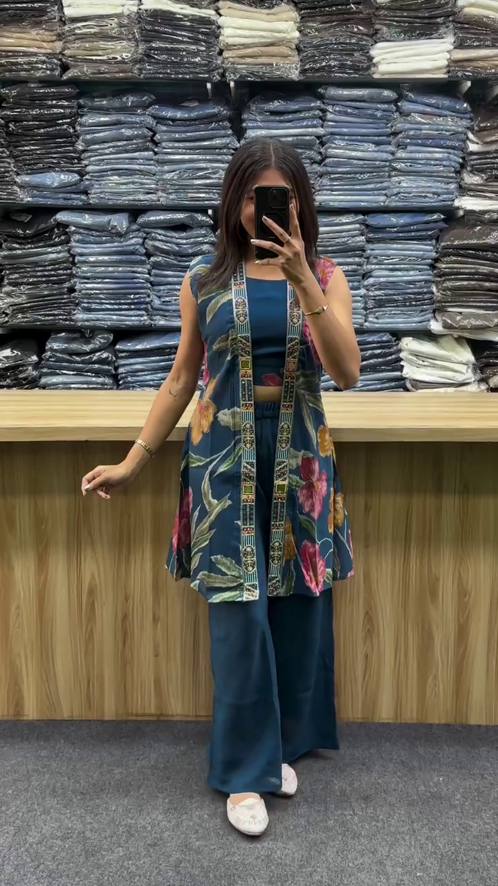 Top With Embroidered Border Long Front Open Jacket And Matching Palazzo