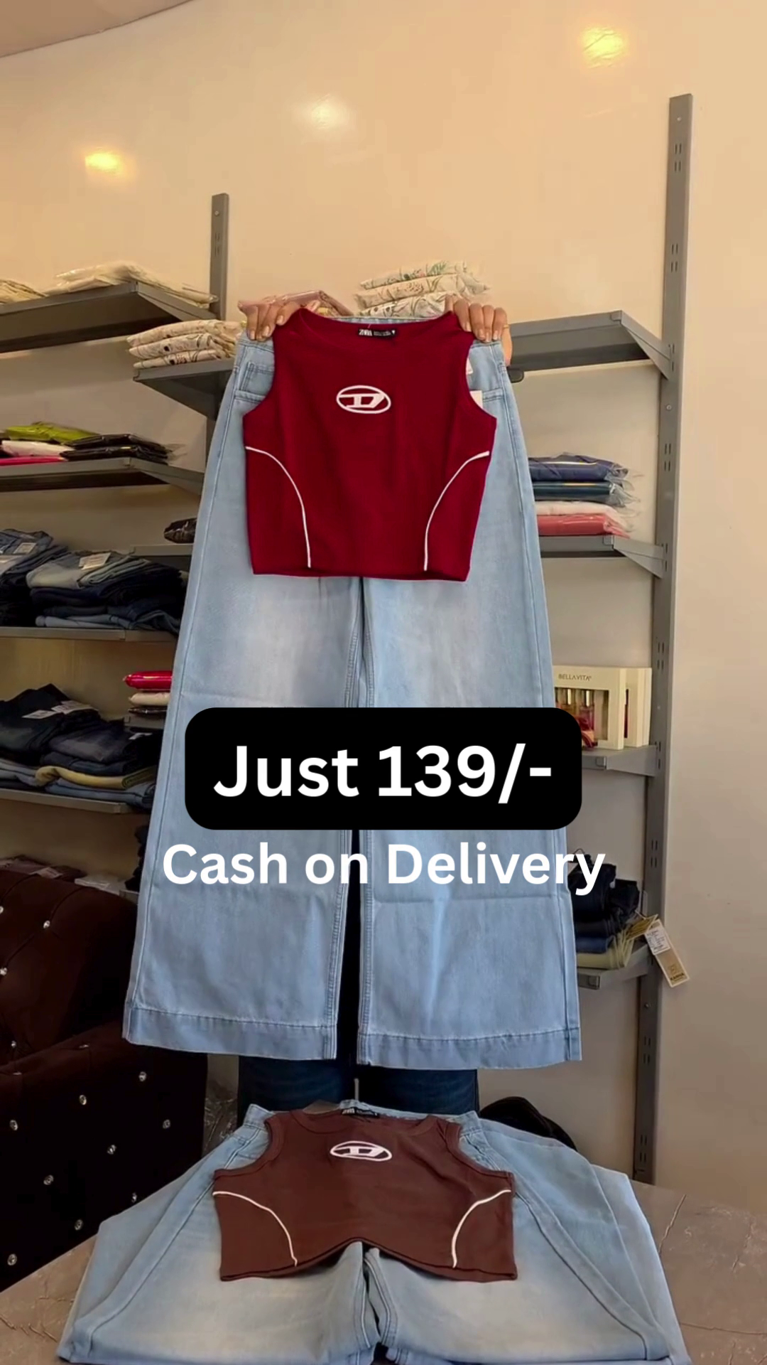 Pink Sleeveless Athletic Style Crop Top with Denim Pants Set