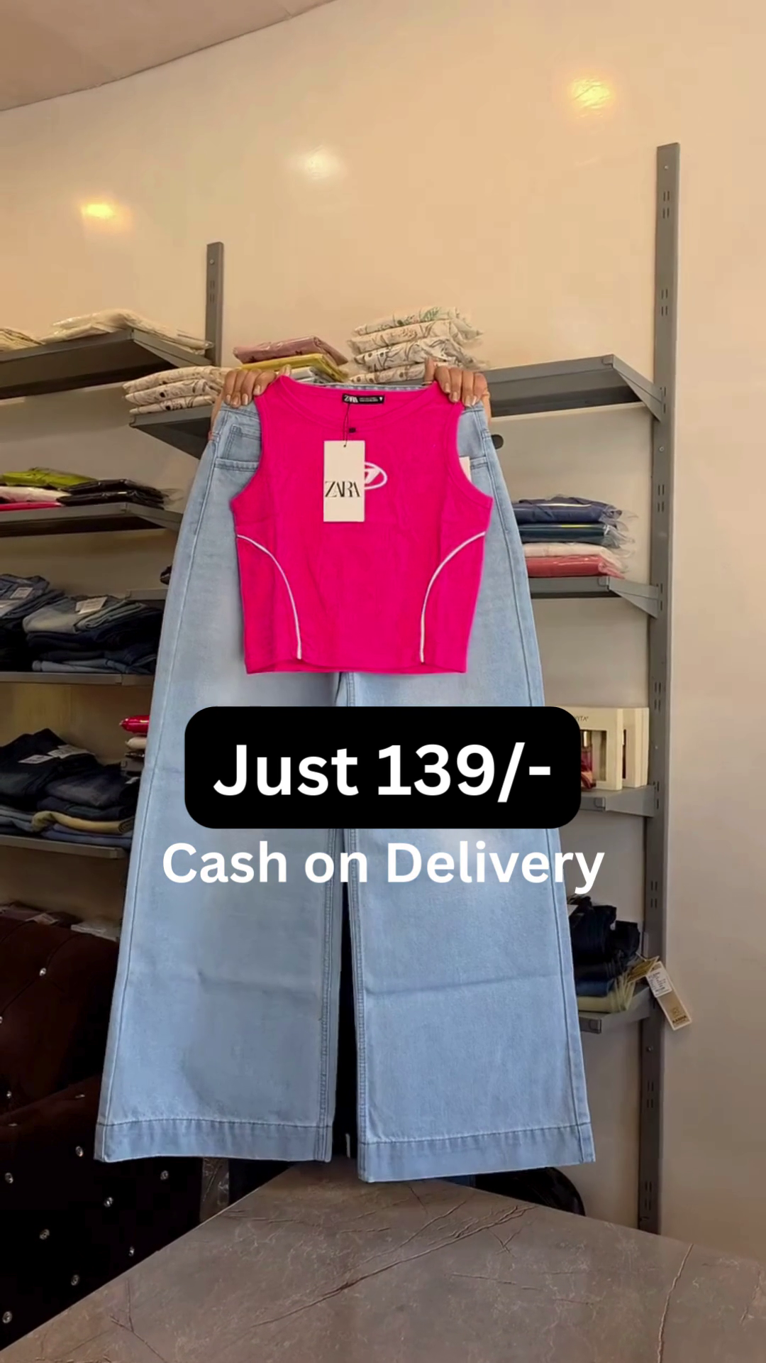Pink Sleeveless Athletic Style Crop Top with Denim Pants Set