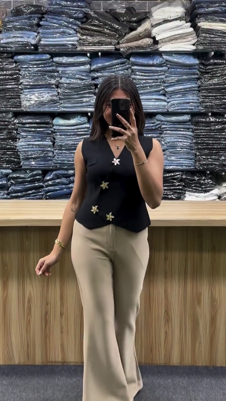 Waistcoat Top with Decorative Floral Metal Buttons & Beige High-Waist Flared Pants