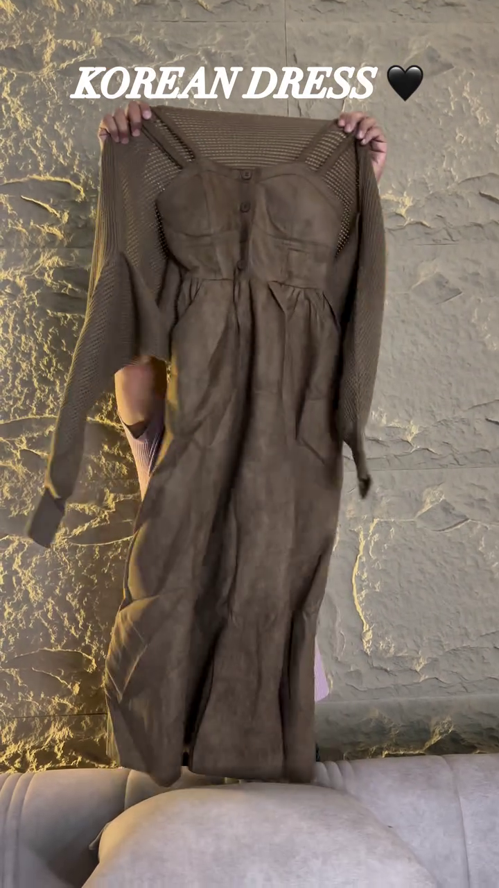 Chic Korean-Style Brown Midi Dress With Sweetheart Neckline And Knit Bolero Shrug 🤎👗