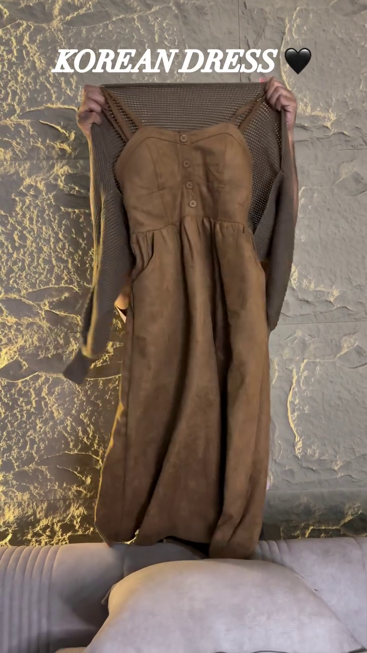Chic Korean-Style Brown Midi Dress With Sweetheart Neckline And Knit Bolero Shrug 🤎👗