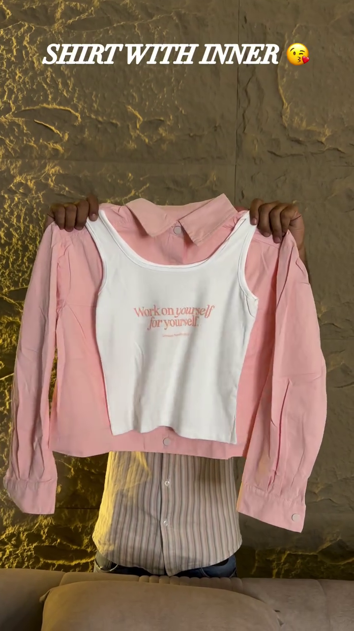 Pastel Pink Casual Button-Down Shirt Layered Over White "Work On Yourself" Inner Tank Top 🩷