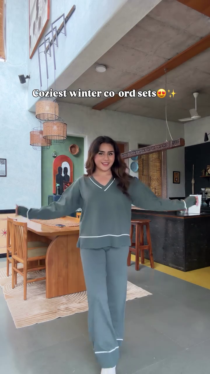 Coziest Winter Striped Knit Co-Ord Set With Open Cardigan And Matching Trousers 🤍🤎🧶