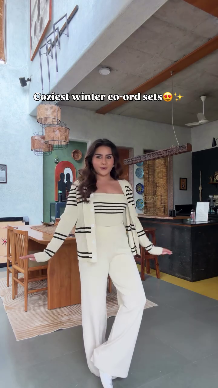 Coziest Winter Striped Knit Co-Ord Set With Open Cardigan And Matching Trousers 🤍🤎🧶