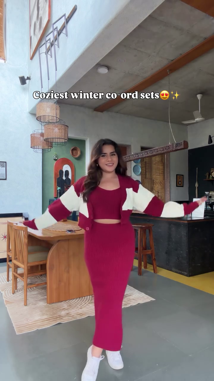 Coziest Winter Striped Knit Co-Ord Set With Open Cardigan And Matching Trousers 🤍🤎🧶