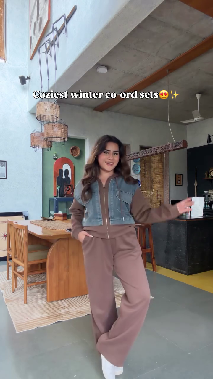 Coziest Winter Striped Knit Co-Ord Set With Open Cardigan And Matching Trousers 🤍🤎🧶