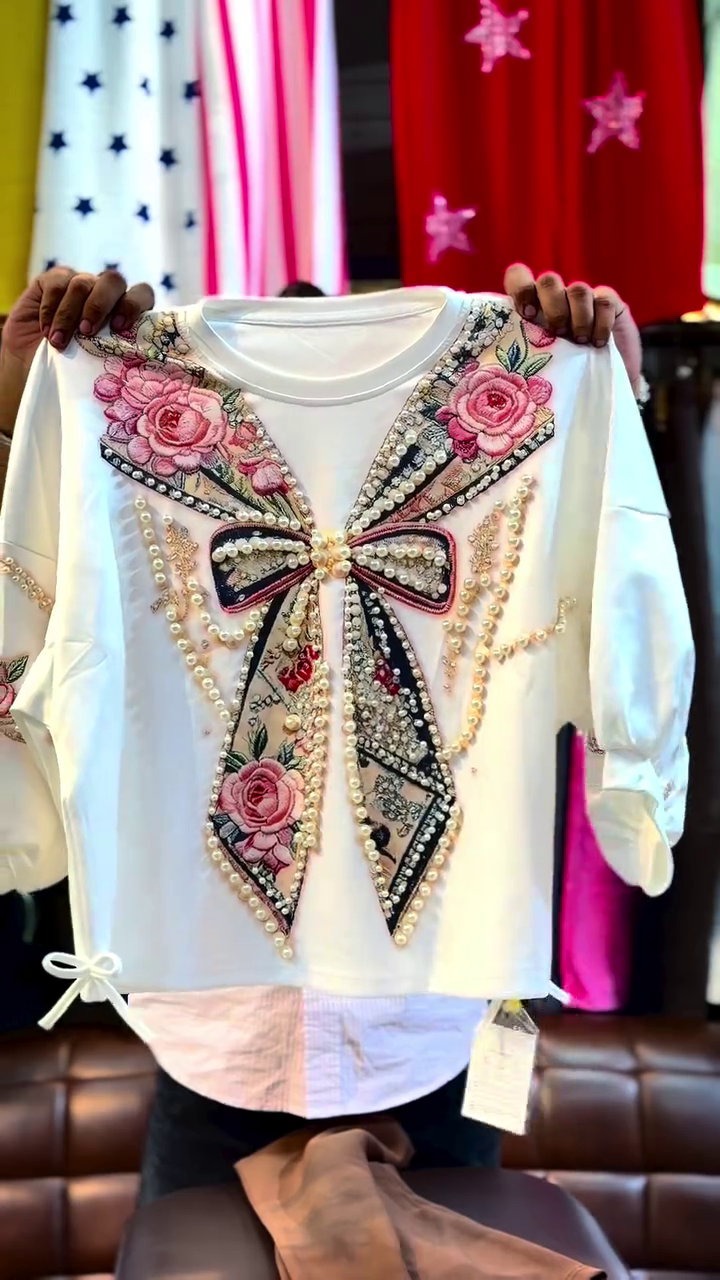 White Oversized Crew-Neck T-Shirt With Heavy Pearl And Embroidered Rose Bow Embellishments 🤍🌹✨