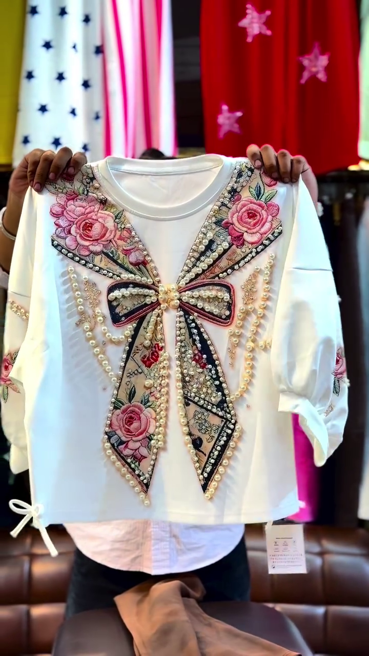 White Oversized Crew-Neck T-Shirt With Heavy Pearl And Embroidered Rose Bow Embellishments 🤍🌹✨