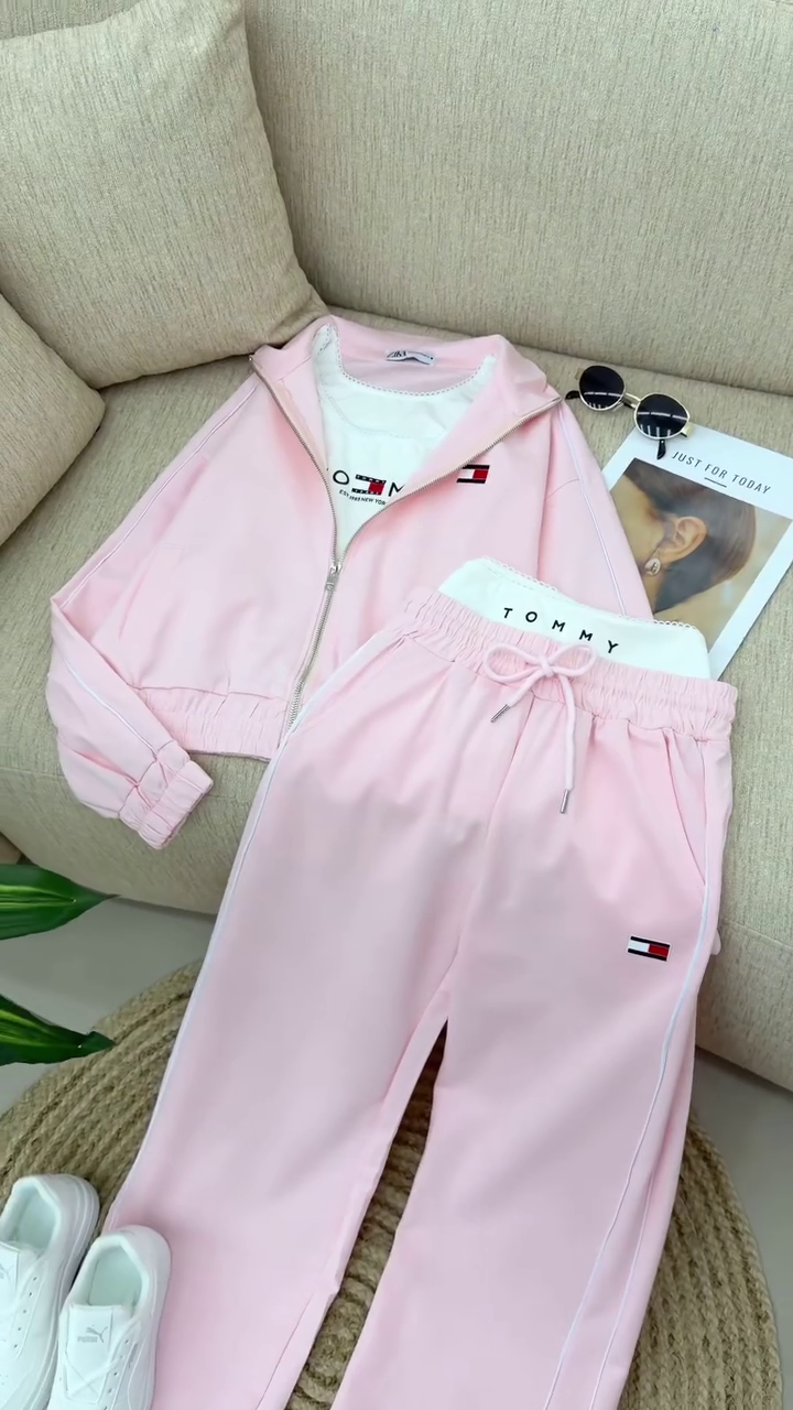 Coordinated Pastel Pink Tommy Hilfiger Athletic Tracksuit Set With Crop Top And Sneakers 🩷🏃‍♀️✨