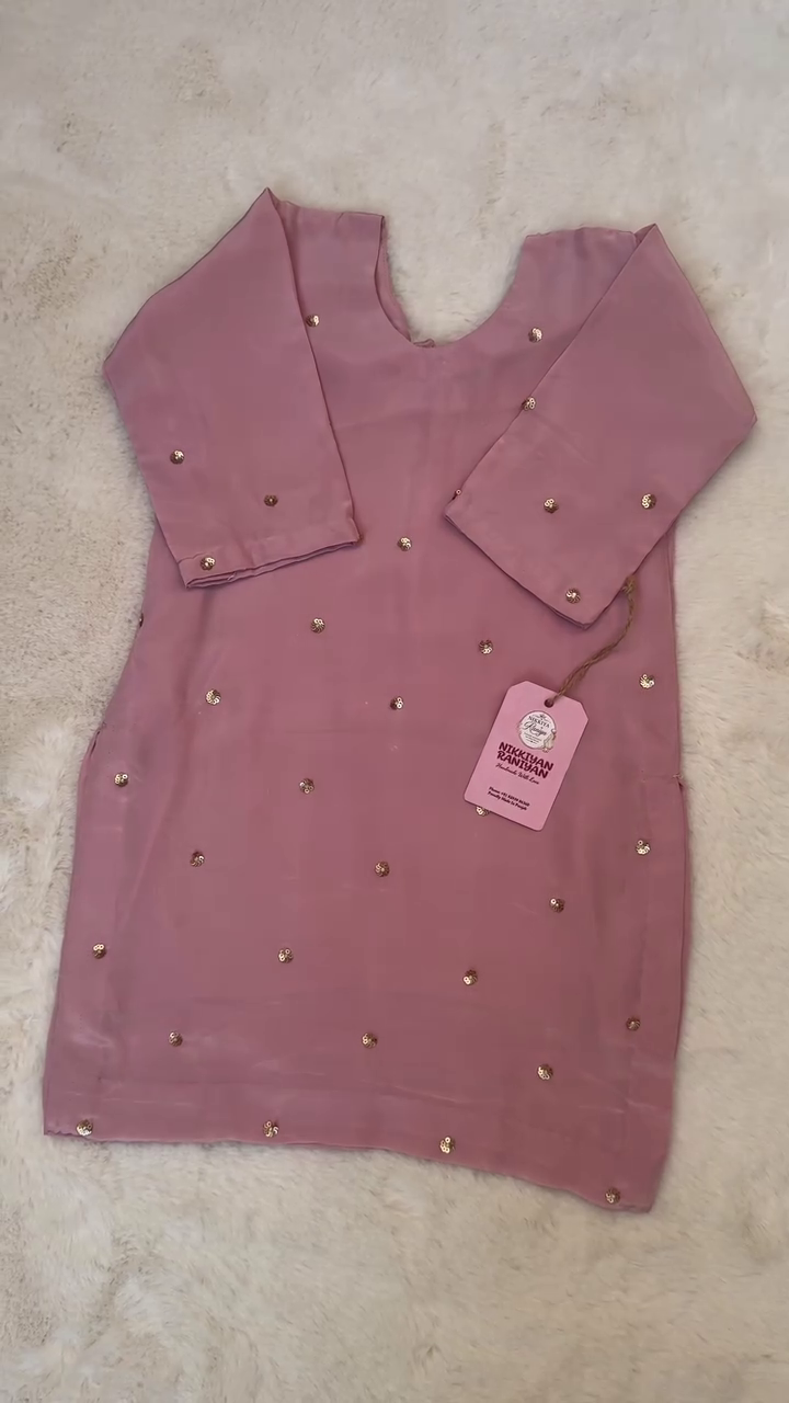 Dusty Rose Kurti Set Decorated With Shimmering Gold Stone Accents And Butterfly Trousers 🌸✨🦋