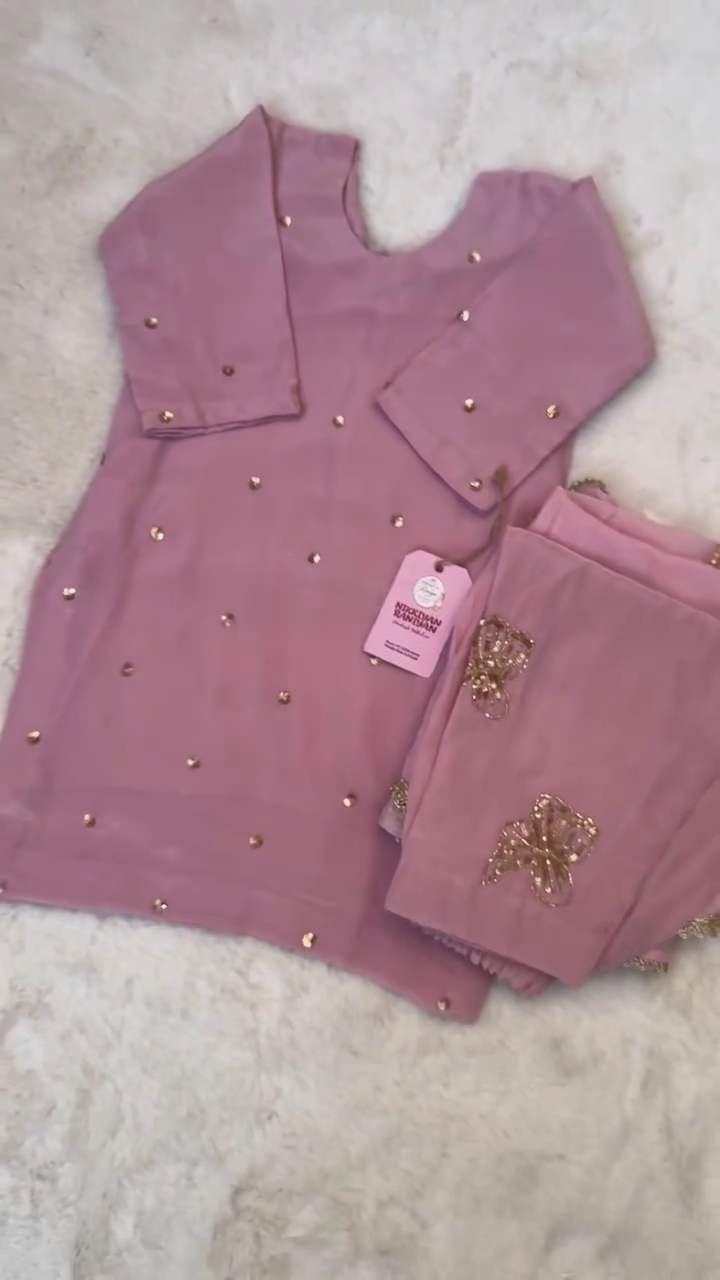 Dusty Rose Kurti Set Decorated With Shimmering Gold Stone Accents And Butterfly Trousers 🌸✨🦋