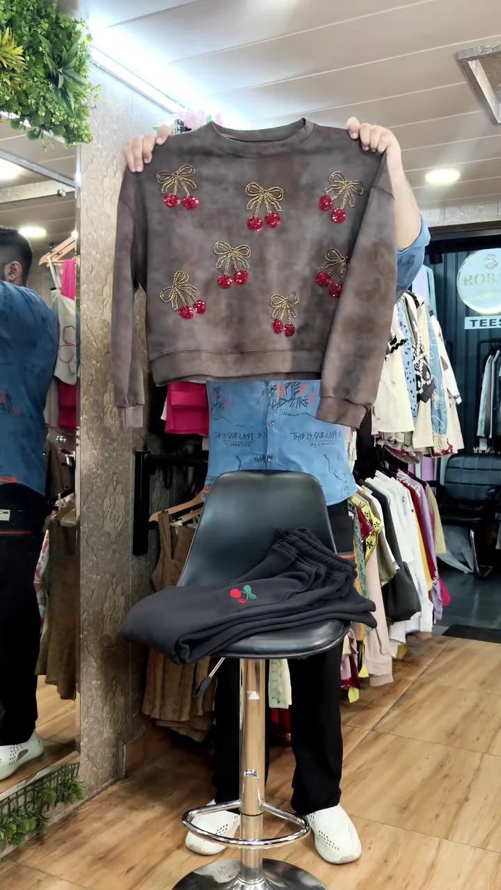 Brown Tie-Dye Sweatshirt Paired With Black Trousers Featuring Embroidered Cherry Motifs 🤎🍒✨
