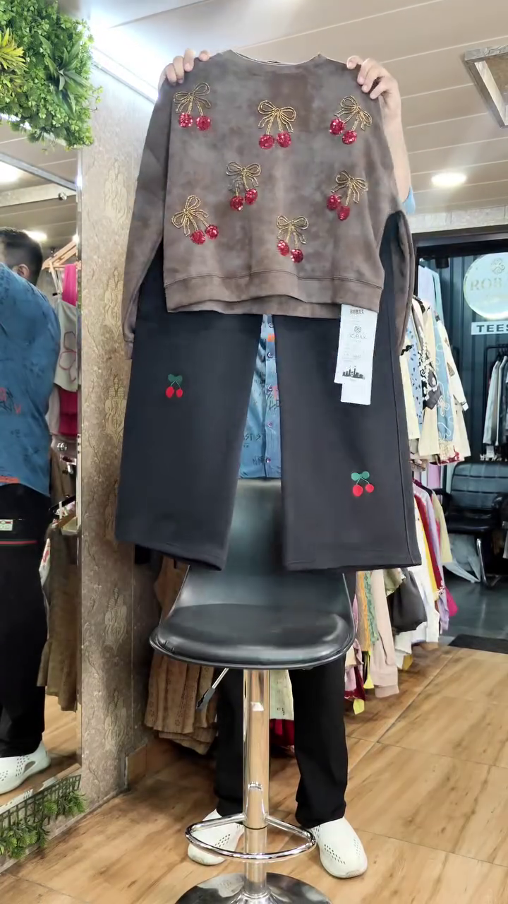 Brown Tie-Dye Sweatshirt Paired With Black Trousers Featuring Embroidered Cherry Motifs 🤎🍒✨