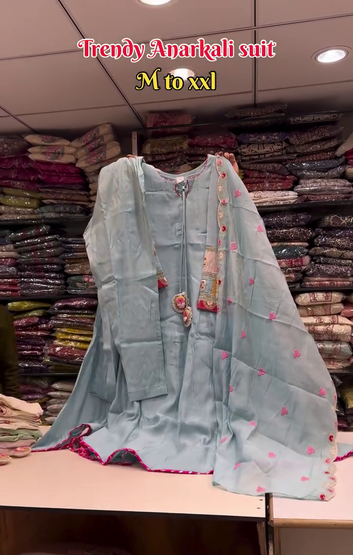 Trendy Sky-Blue Anarkali Suit With Scalloped Dupatta And Tassel Details 🩵✨👗