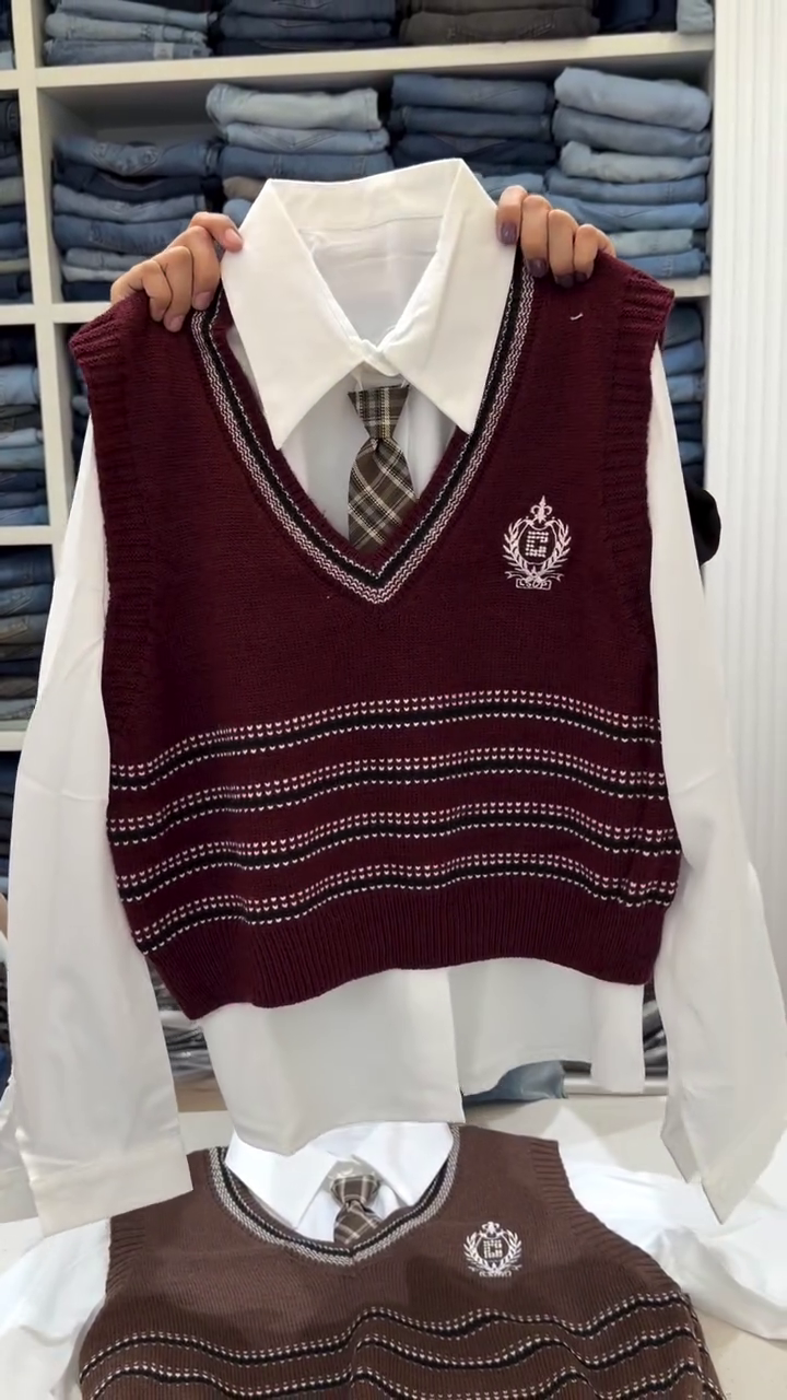 Preppy Brown Knit Sweater Vest Over White Collared Shirt With Plaid Tie 🤎🤍👔✨