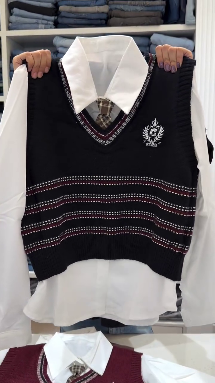Preppy Brown Knit Sweater Vest Over White Collared Shirt With Plaid Tie 🤎🤍👔✨