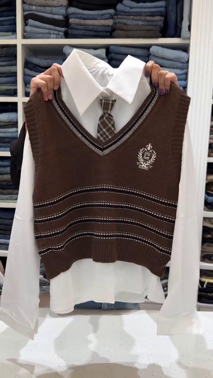 Preppy Brown Knit Sweater Vest Over White Collared Shirt With Plaid Tie 🤎🤍👔✨