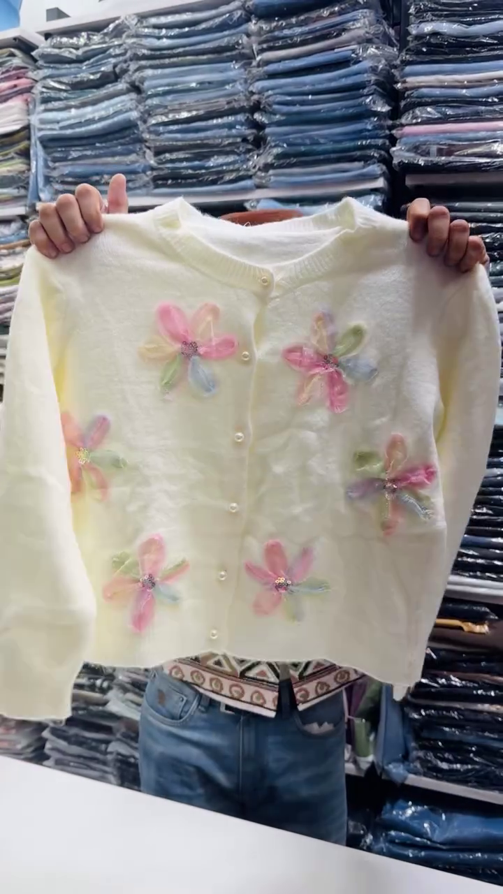 Cream-Colored Fuzzy Winter Cardigan With Pastel Handmade Floral Appliques 🤍🌼🧶✨
