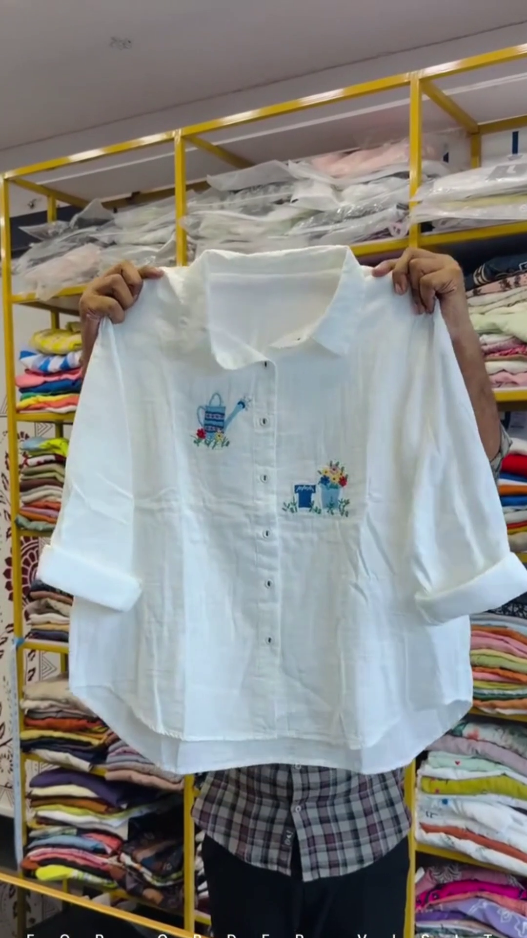 Classic White Collared Button-Down Shirt With Blue Watering Can Floral Embroidery 🤍🌱🌸✨