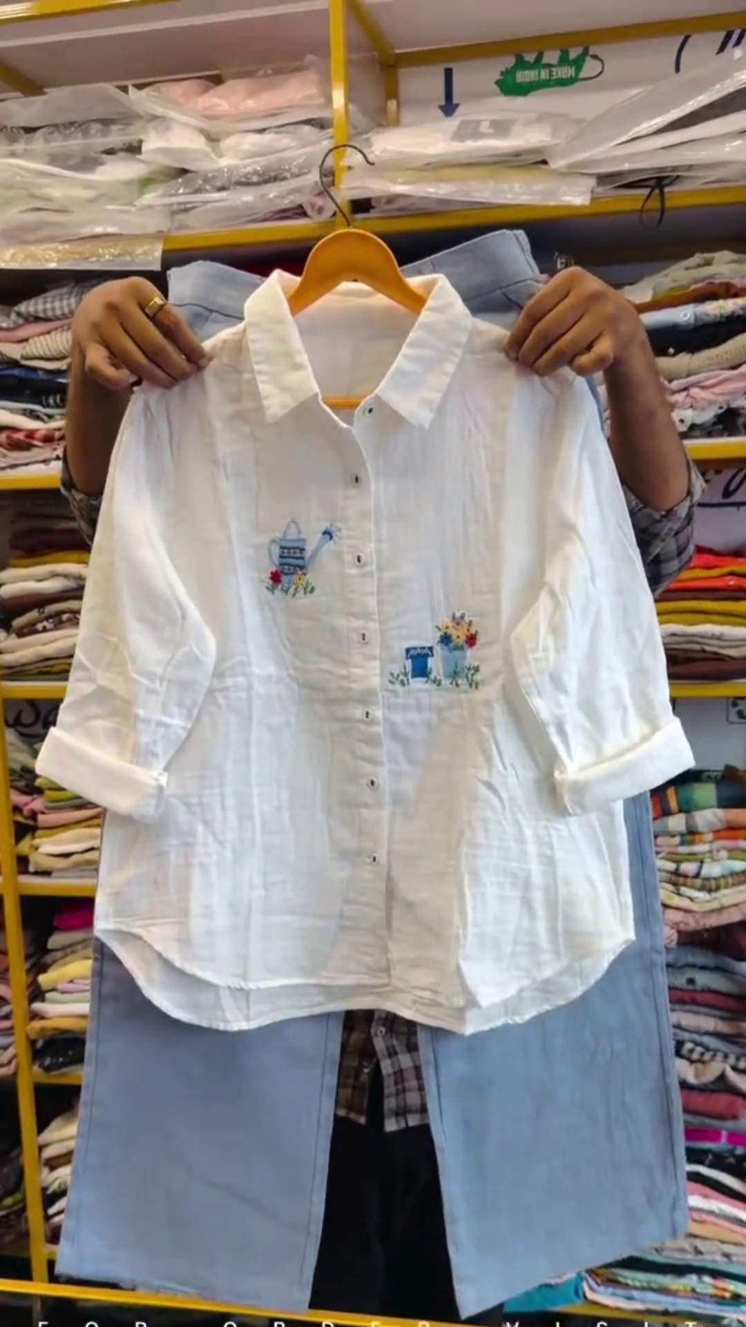 Classic White Collared Button-Down Shirt With Blue Watering Can Floral Embroidery 🤍🌱🌸✨