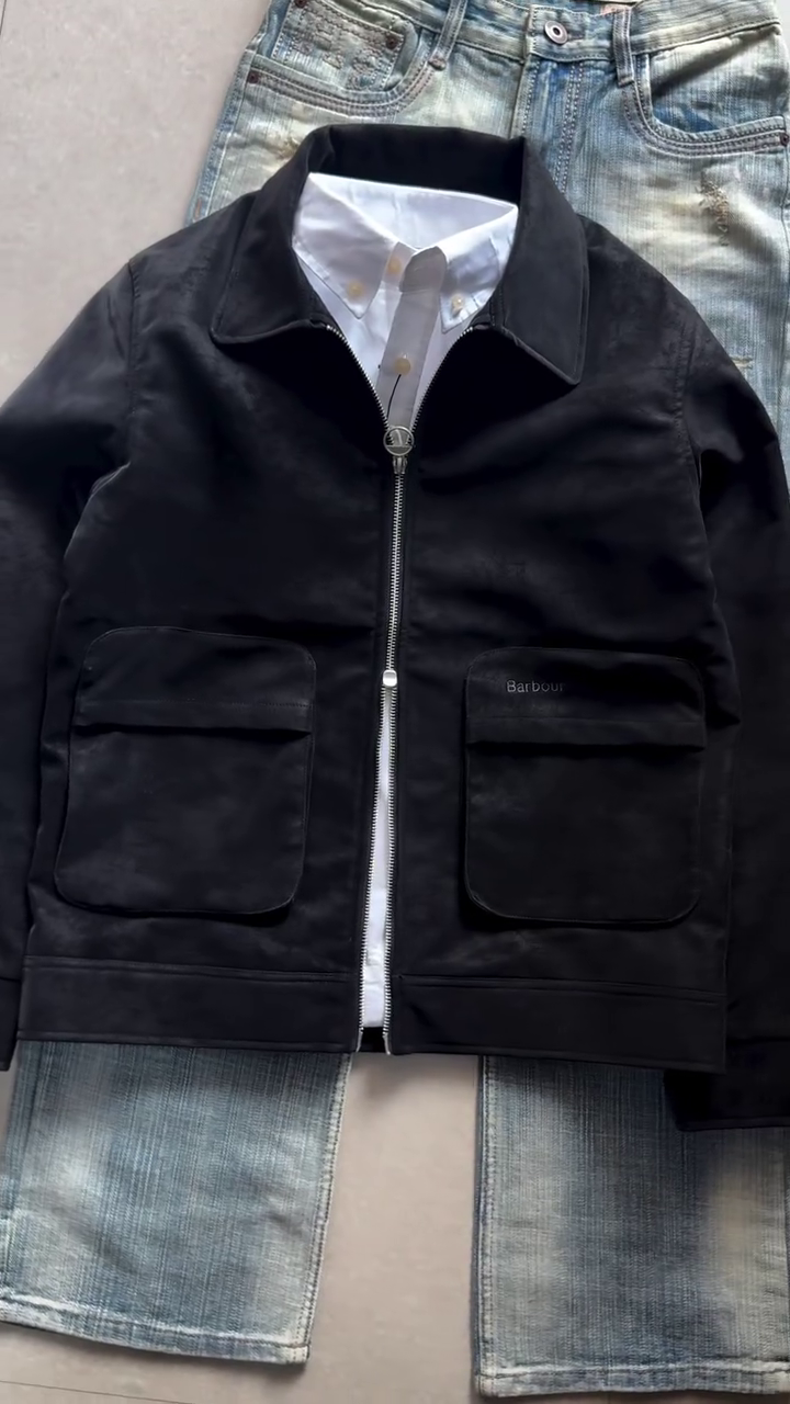 Black Suede Full-Zip Casual Jacket Over White Shirt And Light-Wash Distressed Jeans 🖤🤍👖