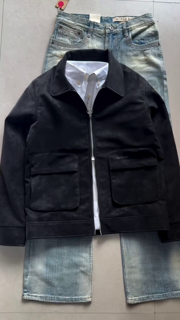 Black Suede Full-Zip Casual Jacket Over White Shirt And Light-Wash Distressed Jeans 🖤🤍👖