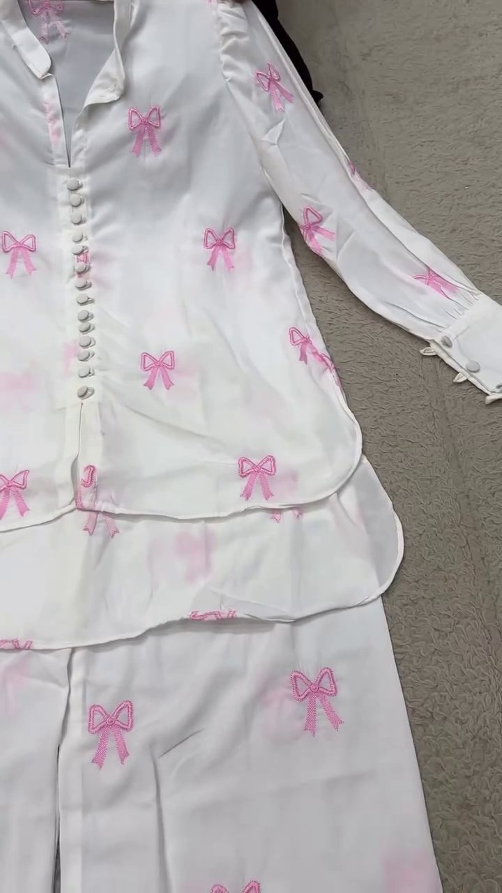 White Long-Sleeve Lounge Set With Pink Ribbon Bow Prints And Front Button Placket 🤍🩷🎀✨