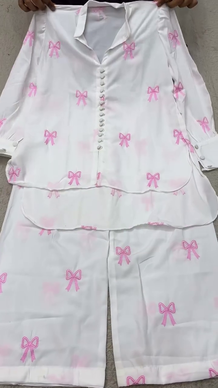 White Long-Sleeve Lounge Set With Pink Ribbon Bow Prints And Front Button Placket 🤍🩷🎀✨