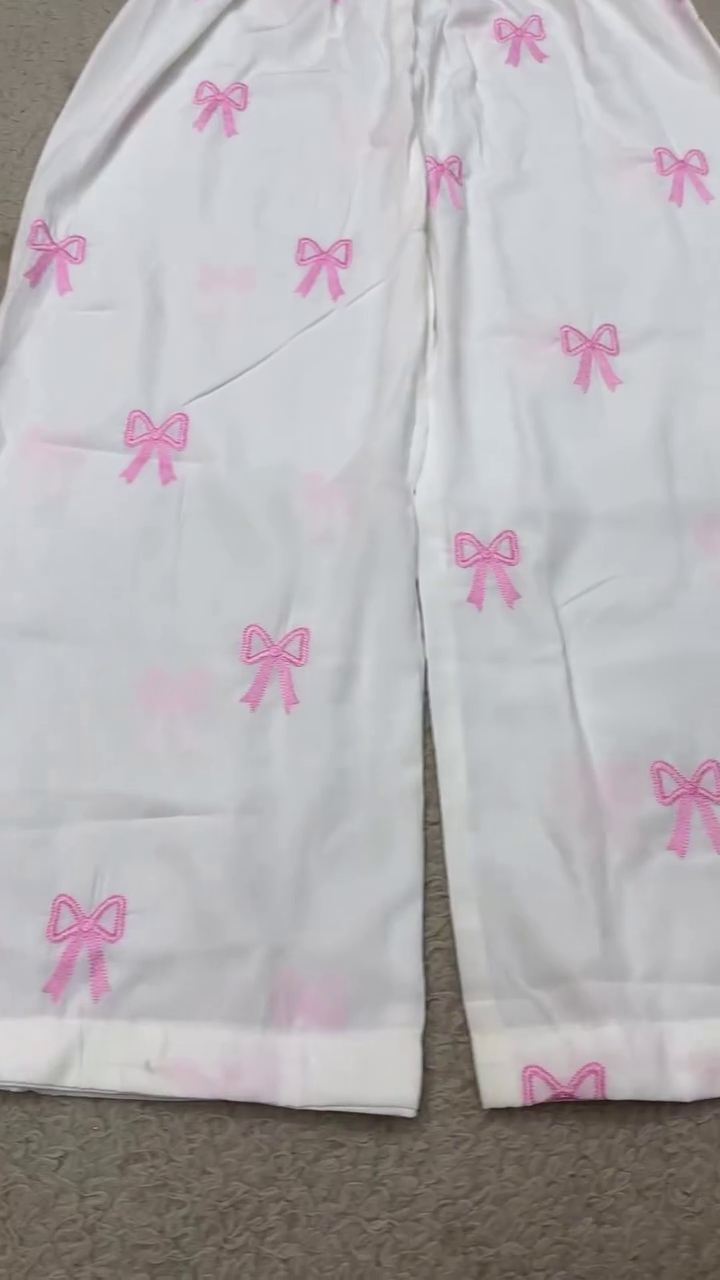 White Long-Sleeve Lounge Set With Pink Ribbon Bow Prints And Front Button Placket 🤍🩷🎀✨
