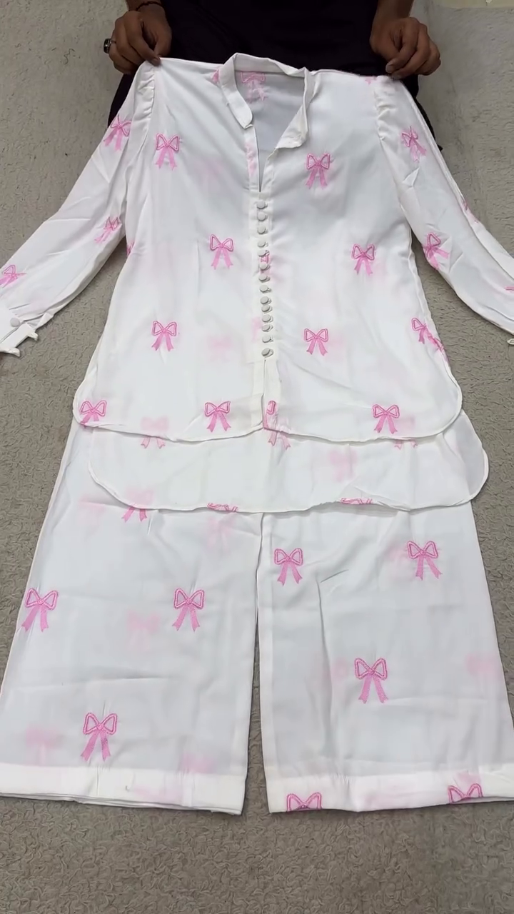 White Long-Sleeve Lounge Set With Pink Ribbon Bow Prints And Front Button Placket 🤍🩷🎀✨