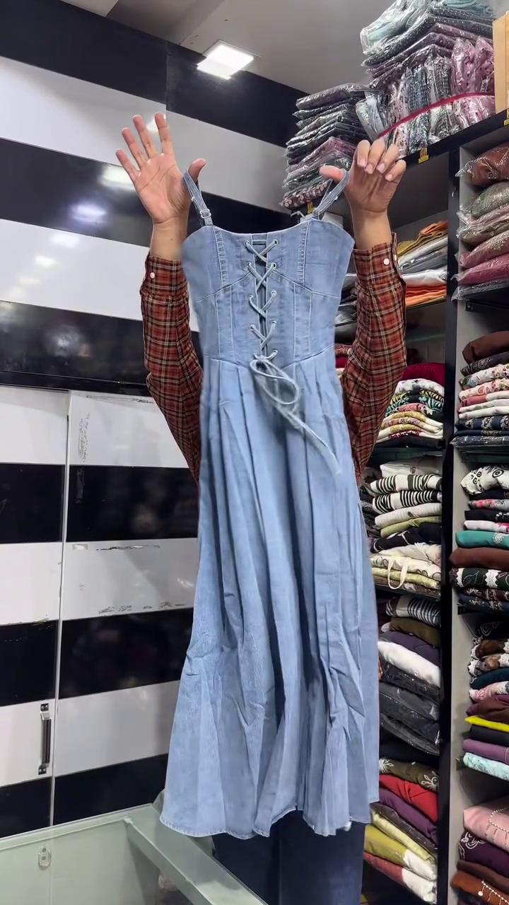 Light Blue Denim Corset-Style Midi Dress With Front Lacing And Spaghetti Straps 💙👗✨