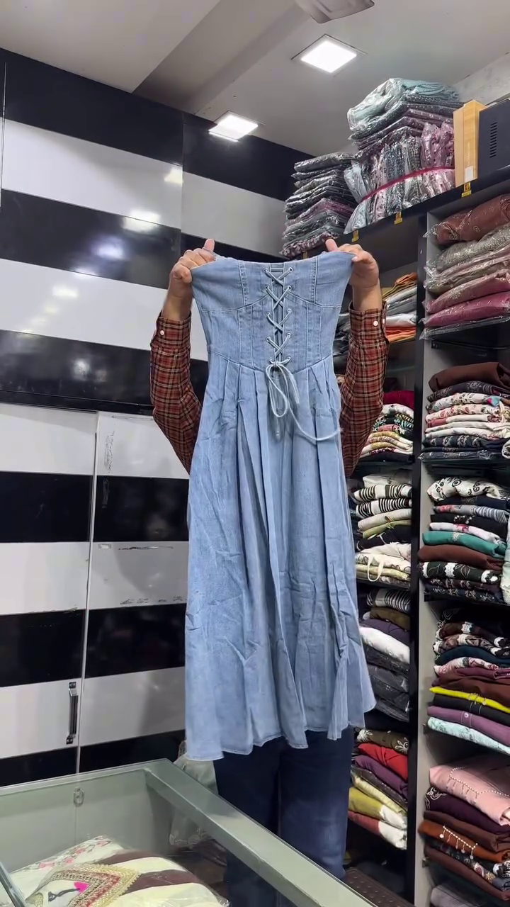 Light Blue Denim Corset-Style Midi Dress With Front Lacing And Spaghetti Straps 💙👗✨