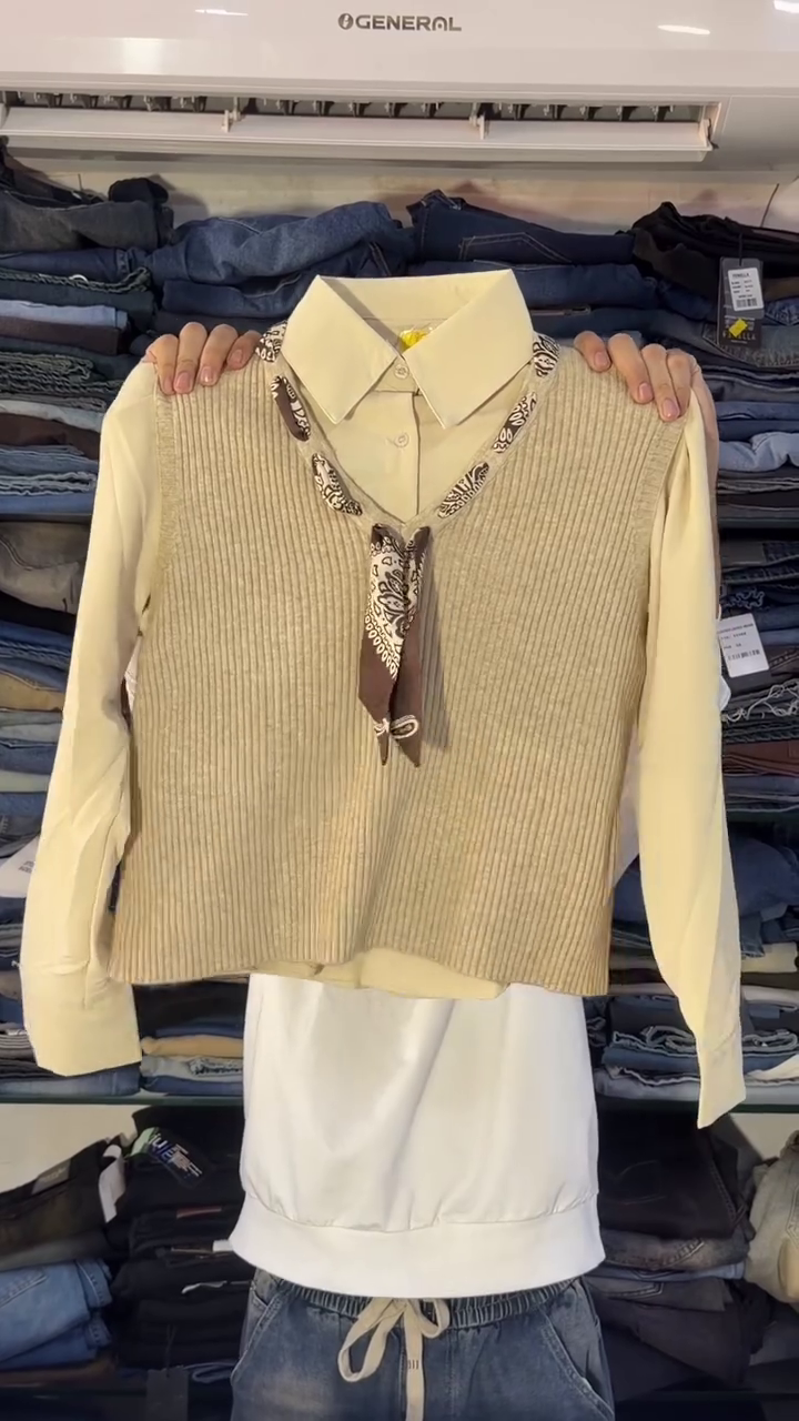 White Collared Button-Down Shirt Layered Under Cream Ribbed Knit Vest With Patterned Neck Tie 🤍🤎👔✨