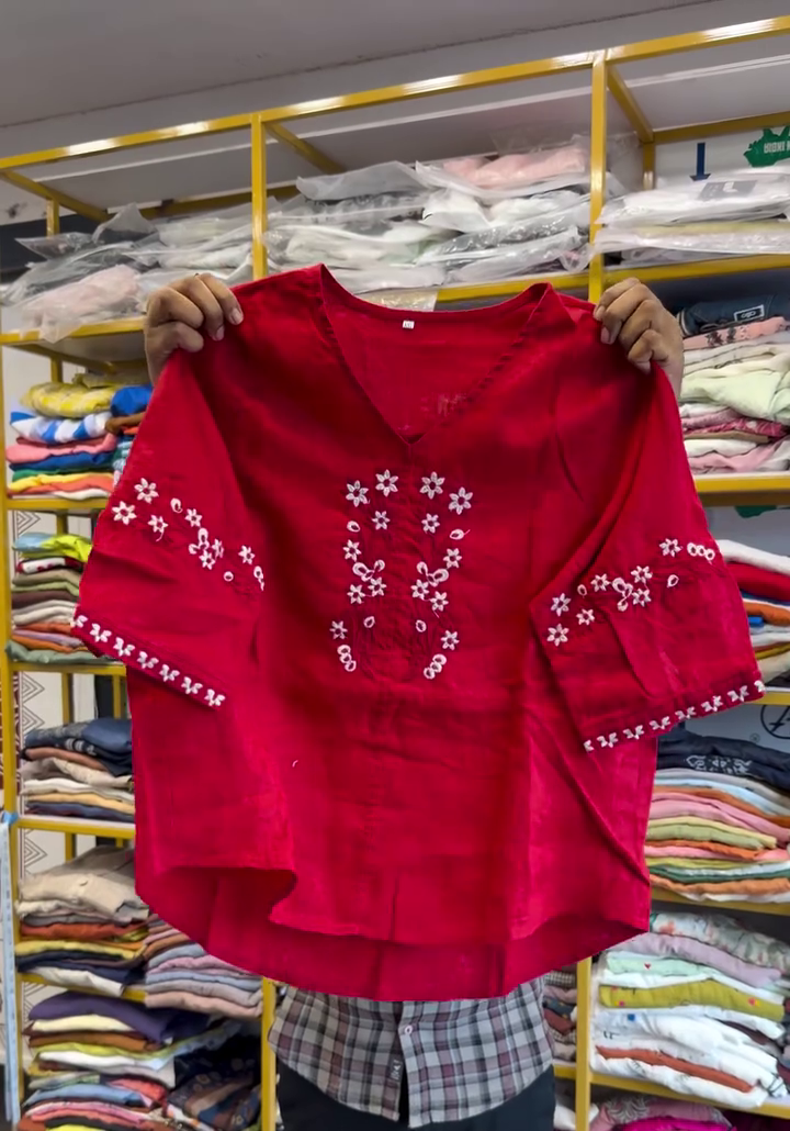 Brilliant Red Linen-Blend Kurti With White Floral Embroidery Paired With Crisp White Trousers ❤️🤍🌸✨