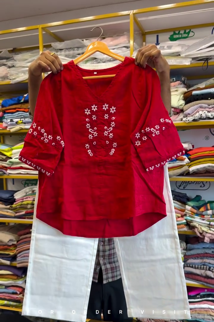 Brilliant Red Linen-Blend Kurti With White Floral Embroidery Paired With Crisp White Trousers ❤️🤍🌸✨
